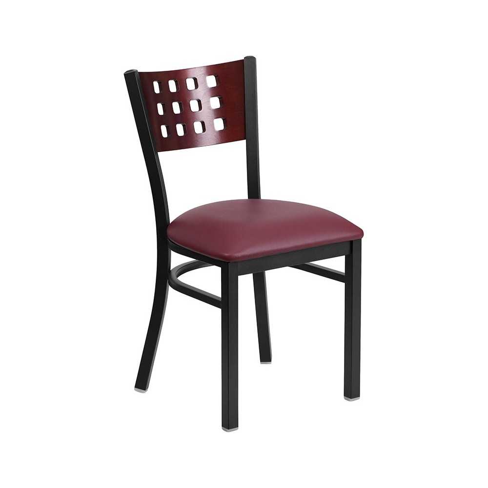 Black Cutout Back Metal Restaurant Chair - Mahogany Wood Back, Burgundy Vinyl Seat