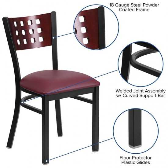 Black Cutout Back Metal Restaurant Chair - Mahogany Wood Back, Burgundy Vinyl Seat