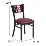 Black Cutout Back Metal Restaurant Chair - Mahogany Wood Back, Burgundy Vinyl Seat