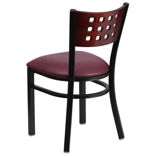 Black Cutout Back Metal Restaurant Chair - Mahogany Wood Back, Burgundy Vinyl Seat