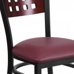 Black Cutout Back Metal Restaurant Chair - Mahogany Wood Back, Burgundy Vinyl Seat