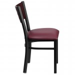 Black Cutout Back Metal Restaurant Chair - Mahogany Wood Back, Burgundy Vinyl Seat