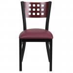 Black Cutout Back Metal Restaurant Chair - Mahogany Wood Back, Burgundy Vinyl Seat