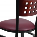 Black Cutout Back Metal Restaurant Chair - Mahogany Wood Back, Burgundy Vinyl Seat