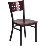 Black Cutout Back Metal Restaurant Chair - Mahogany Wood Back & Seat