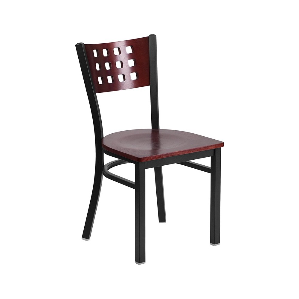 Black Cutout Back Metal Restaurant Chair - Mahogany Wood Back & Seat