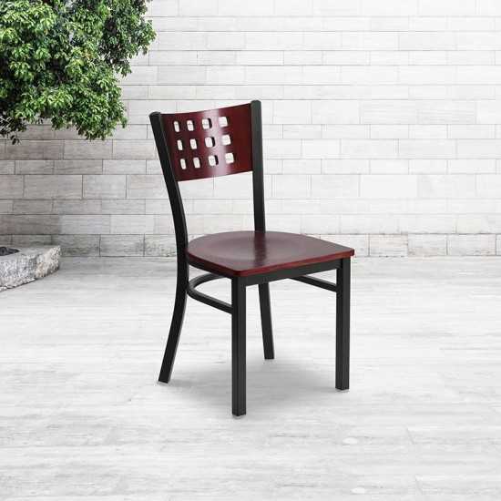 Black Cutout Back Metal Restaurant Chair - Mahogany Wood Back & Seat