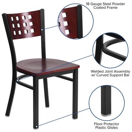 Black Cutout Back Metal Restaurant Chair - Mahogany Wood Back & Seat