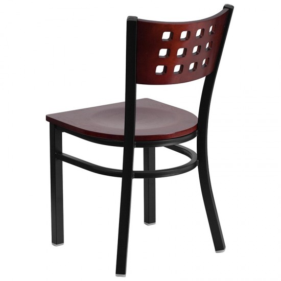 Black Cutout Back Metal Restaurant Chair - Mahogany Wood Back & Seat