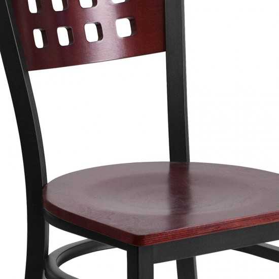 Black Cutout Back Metal Restaurant Chair - Mahogany Wood Back & Seat