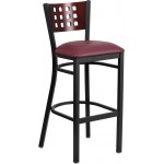 Black Cutout Back Metal Restaurant Barstool - Mahogany Wood Back, Burgundy Vinyl Seat