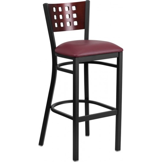 Black Cutout Back Metal Restaurant Barstool - Mahogany Wood Back, Burgundy Vinyl Seat