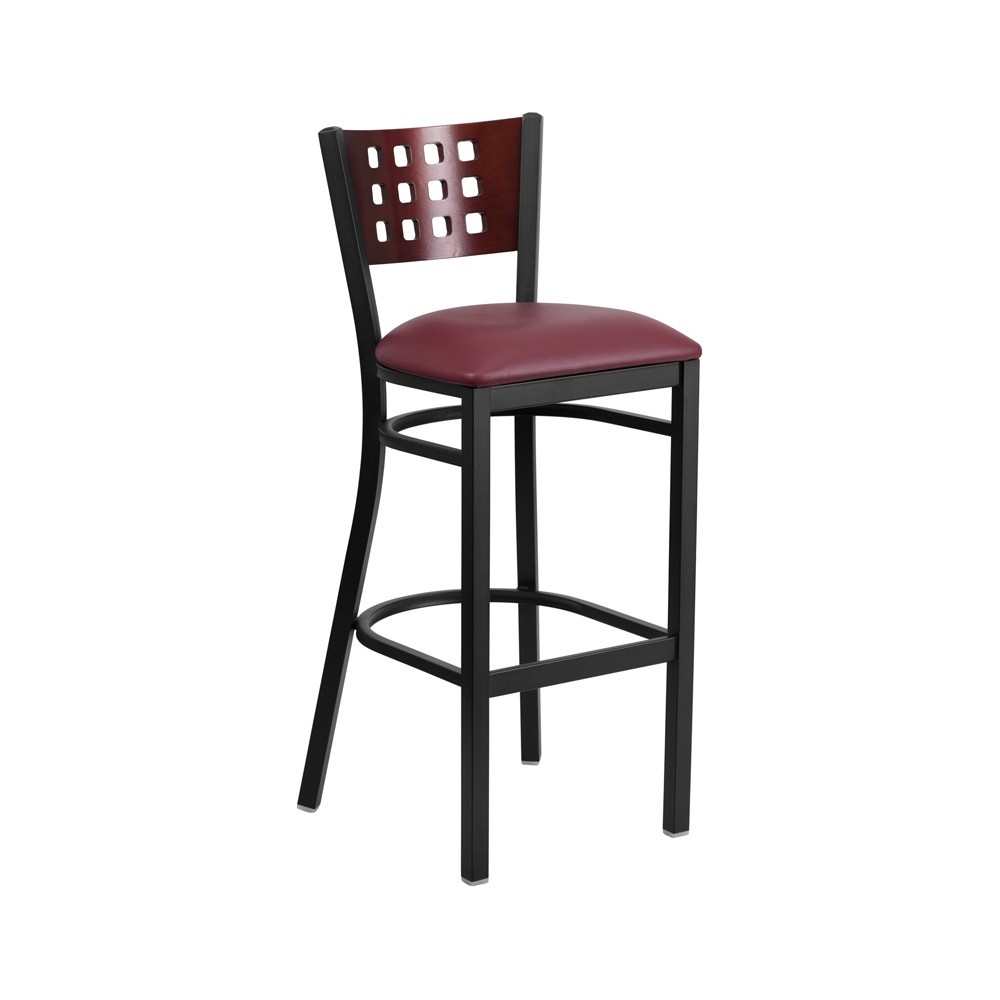 Black Cutout Back Metal Restaurant Barstool - Mahogany Wood Back, Burgundy Vinyl Seat Black Cutout Back Metal Restaurant Barstool - Mahogany Wood Back, Burgundy Vinyl Seat