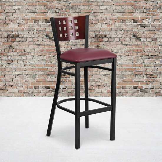 Black Cutout Back Metal Restaurant Barstool - Mahogany Wood Back, Burgundy Vinyl Seat