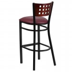 Black Cutout Back Metal Restaurant Barstool - Mahogany Wood Back, Burgundy Vinyl Seat