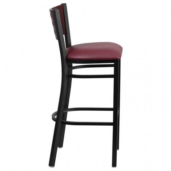 Black Cutout Back Metal Restaurant Barstool - Mahogany Wood Back, Burgundy Vinyl Seat
