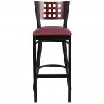 Black Cutout Back Metal Restaurant Barstool - Mahogany Wood Back, Burgundy Vinyl Seat
