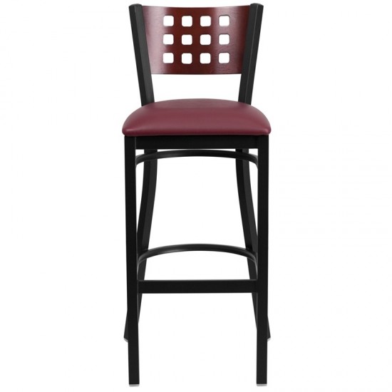 Black Cutout Back Metal Restaurant Barstool - Mahogany Wood Back, Burgundy Vinyl Seat