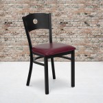 Black Circle Back Metal Restaurant Chair - Burgundy Vinyl Seat