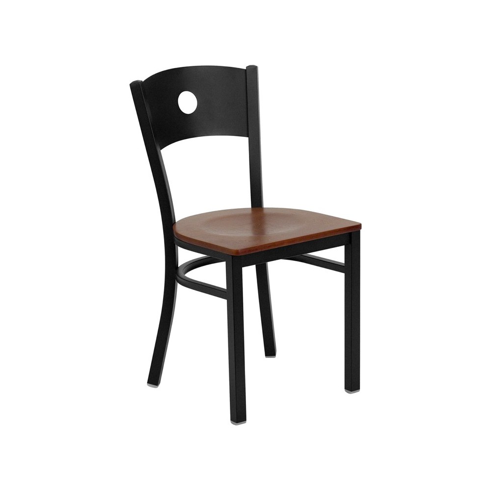 Black Circle Back Metal Restaurant Chair - Cherry Wood Seat