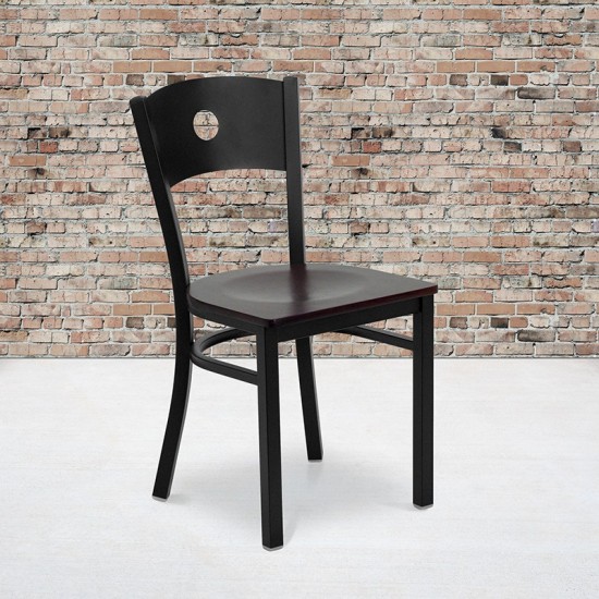 Black Circle Back Metal Restaurant Chair - Mahogany Wood Seat