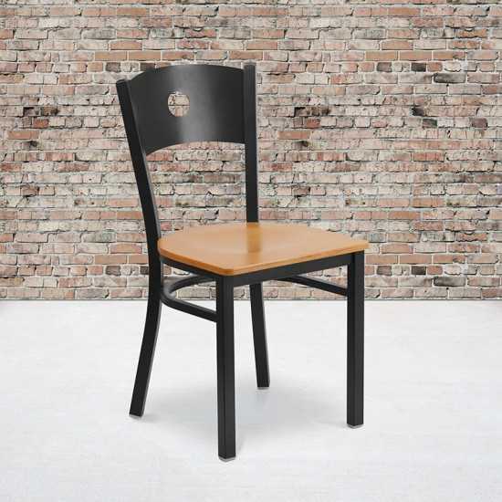 Black Circle Back Metal Restaurant Chair - Natural Wood Seat