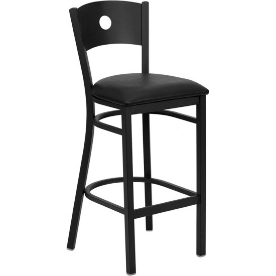 Black Circle Back Metal Restaurant Barstool - Black Vinyl Seat