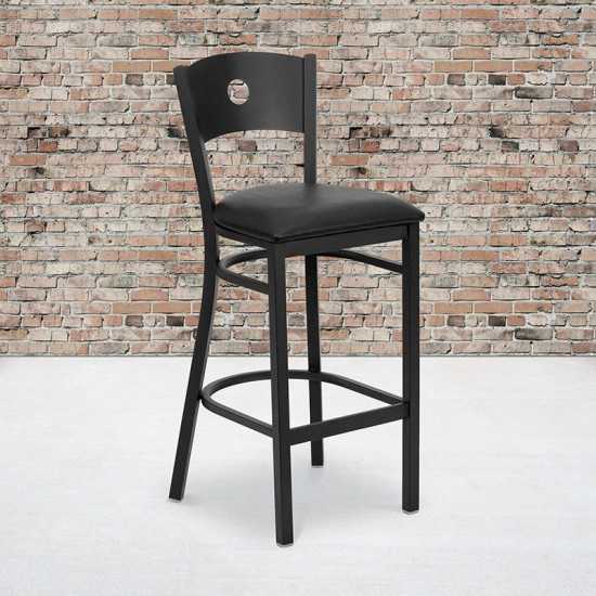 Black Circle Back Metal Restaurant Barstool - Black Vinyl Seat