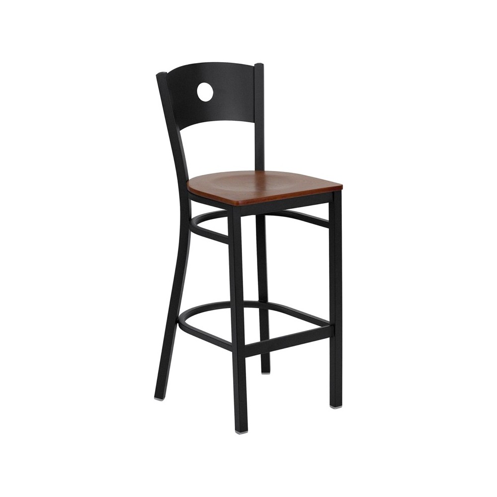 Black Circle Back Metal Restaurant Barstool - Cherry Wood Seat Black Circle Back Metal Restaurant Barstool - Cherry Wood Seat