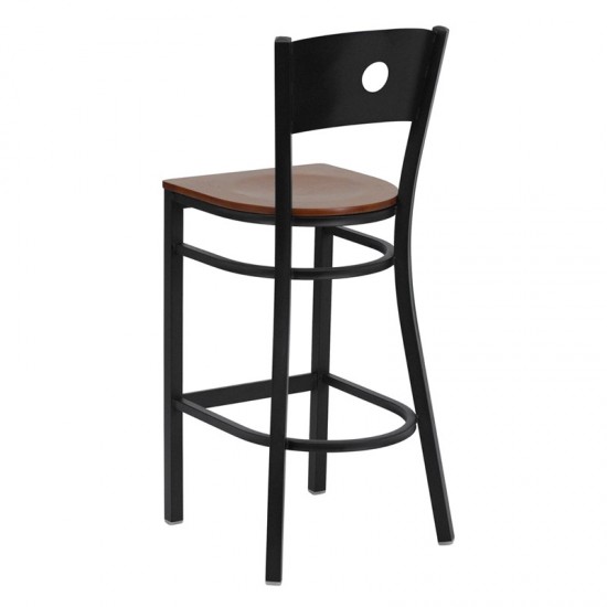 Black Circle Back Metal Restaurant Barstool - Cherry Wood Seat