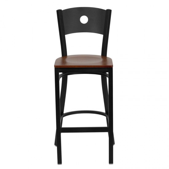 Black Circle Back Metal Restaurant Barstool - Cherry Wood Seat