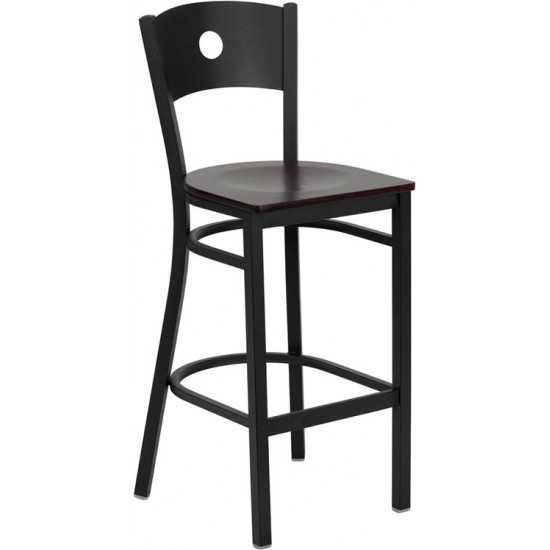 Black Circle Back Metal Restaurant Barstool - Mahogany Wood Seat