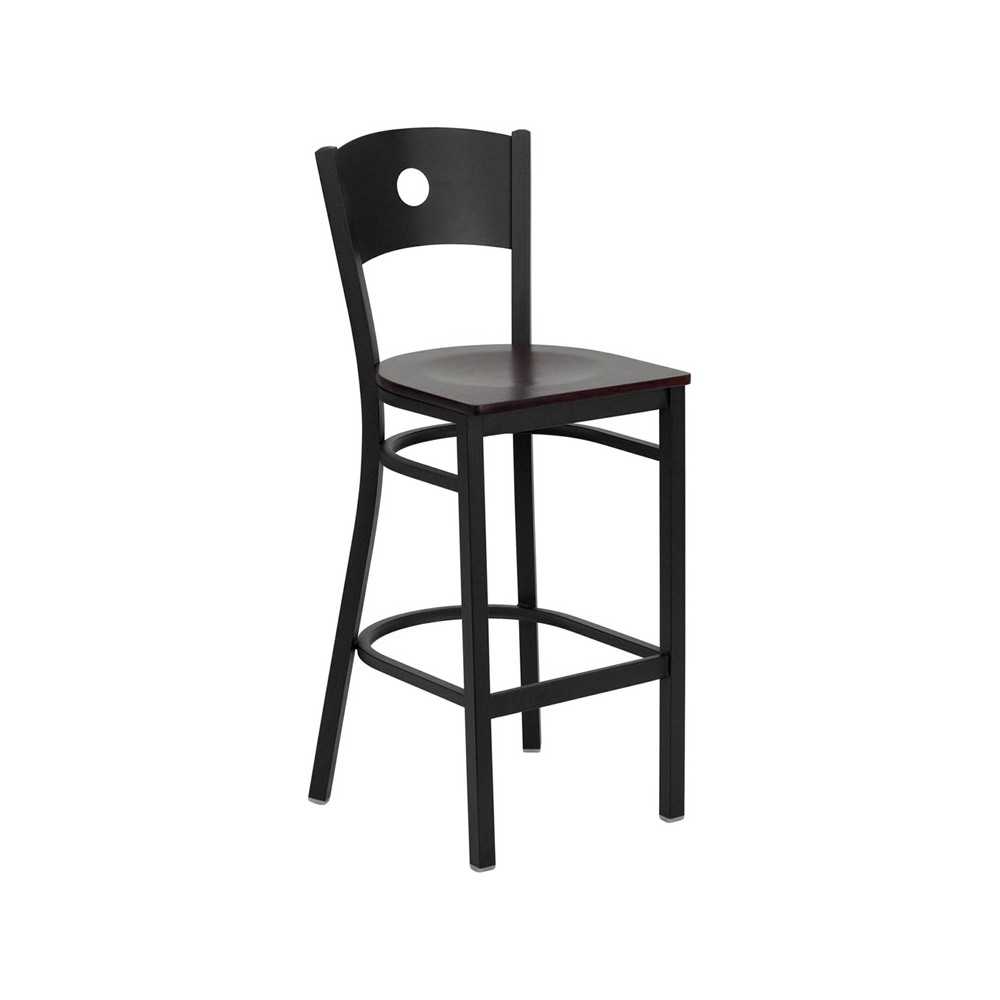 Black Circle Back Metal Restaurant Barstool - Mahogany Wood Seat