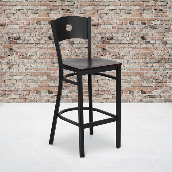 Black Circle Back Metal Restaurant Barstool - Mahogany Wood Seat