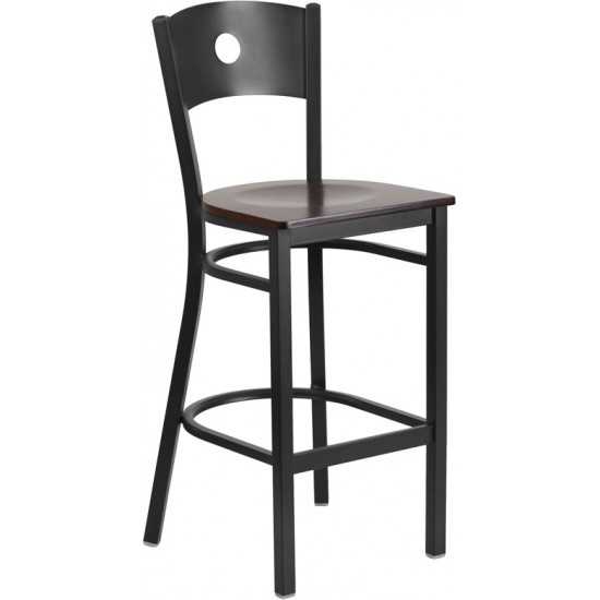 Black Circle Back Metal Restaurant Barstool - Walnut Wood Seat