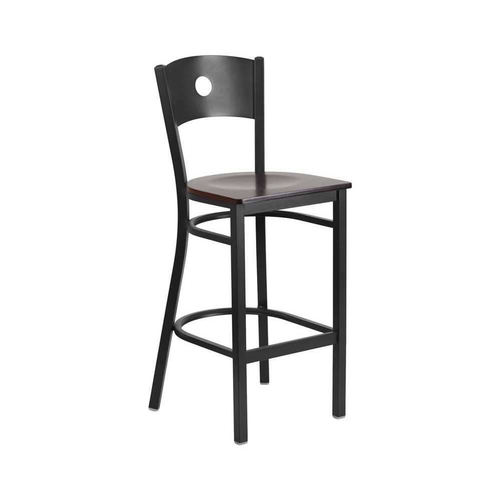 Black Circle Back Metal Restaurant Barstool - Walnut Wood Seat