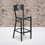 Black Circle Back Metal Restaurant Barstool - Walnut Wood Seat