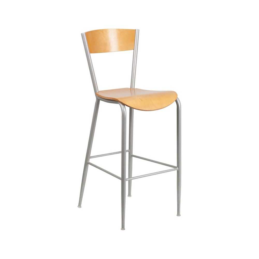 Invincible Series Silver Metal Restaurant Barstool - Natural Wood Back & Seat