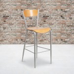 Invincible Series Silver Metal Restaurant Barstool - Natural Wood Back & Seat