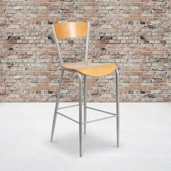 Invincible Series Silver Metal Restaurant Barstool - Natural Wood Back & Seat