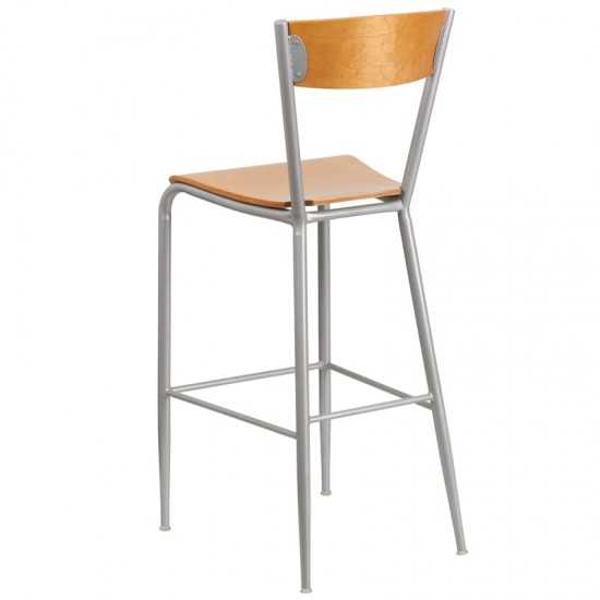 Invincible Series Silver Metal Restaurant Barstool - Natural Wood Back & Seat