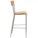 Invincible Series Silver Metal Restaurant Barstool - Natural Wood Back & Seat