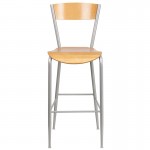 Invincible Series Silver Metal Restaurant Barstool - Natural Wood Back & Seat