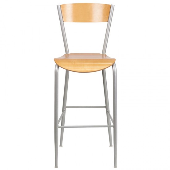 Invincible Series Silver Metal Restaurant Barstool - Natural Wood Back & Seat