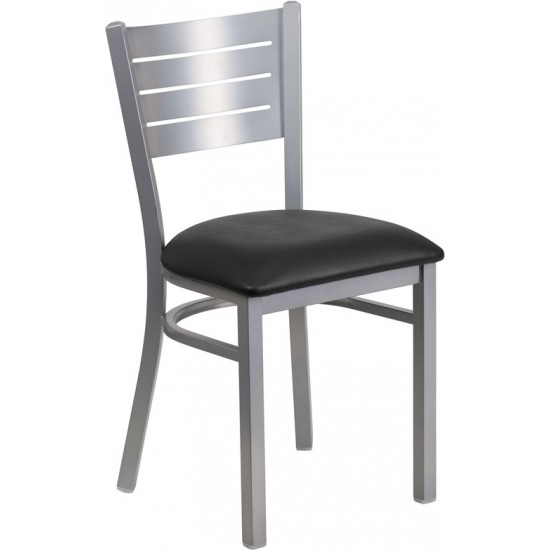 Silver Slat Back Metal Restaurant Chair - Black Vinyl Seat