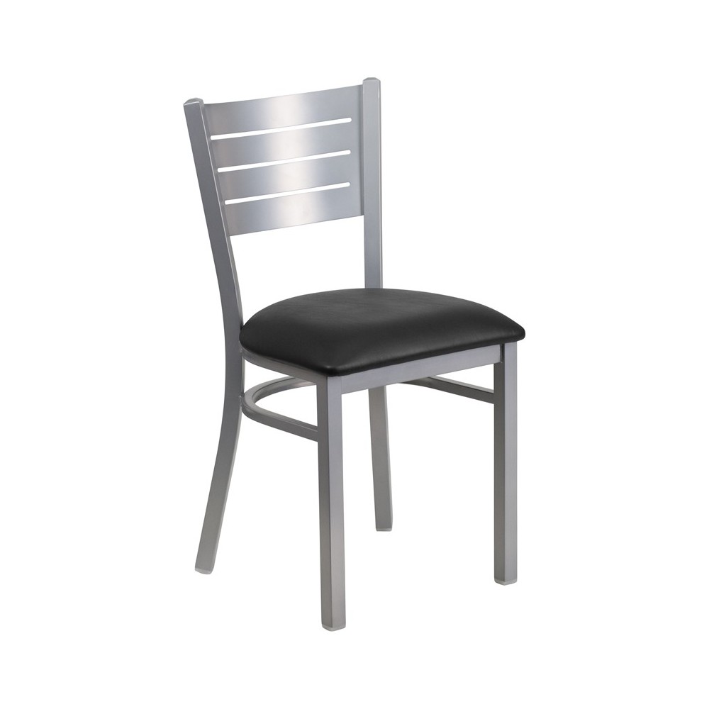 Silver Slat Back Metal Restaurant Chair - Black Vinyl Seat