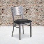 Silver Slat Back Metal Restaurant Chair - Black Vinyl Seat