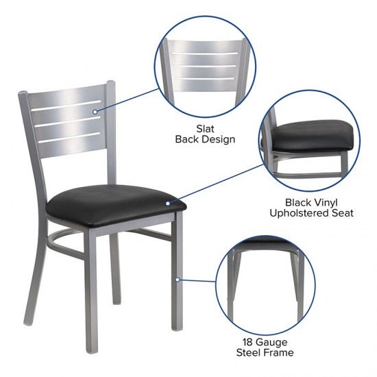 Silver Slat Back Metal Restaurant Chair - Black Vinyl Seat