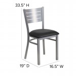 Silver Slat Back Metal Restaurant Chair - Black Vinyl Seat