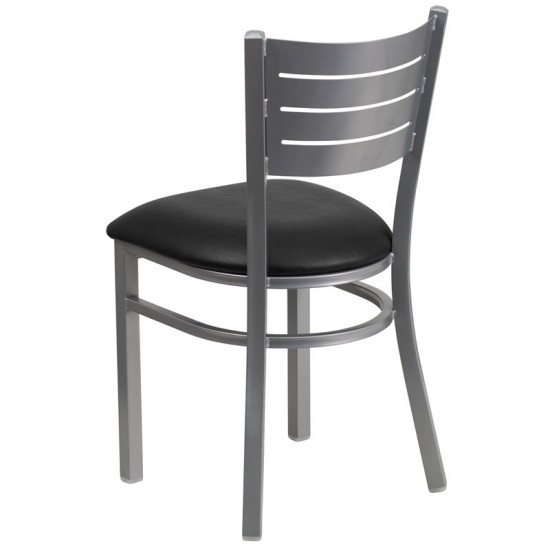 Silver Slat Back Metal Restaurant Chair - Black Vinyl Seat